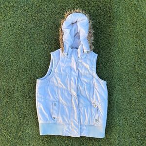 Anchor Blue Womens Size Medium White Puffer Vest Hooded Fur Trimmed Quilted